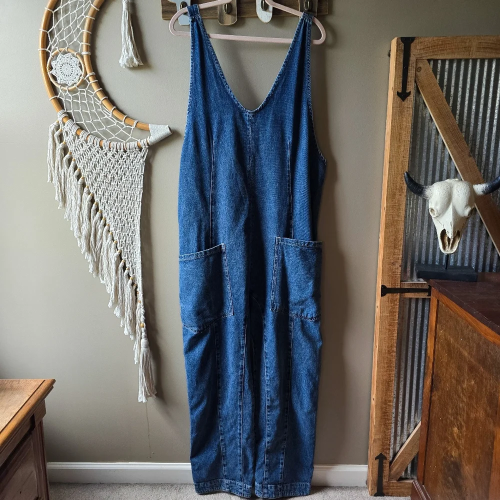 Free People Blue Denim V-Neck Utility Jumpsuit